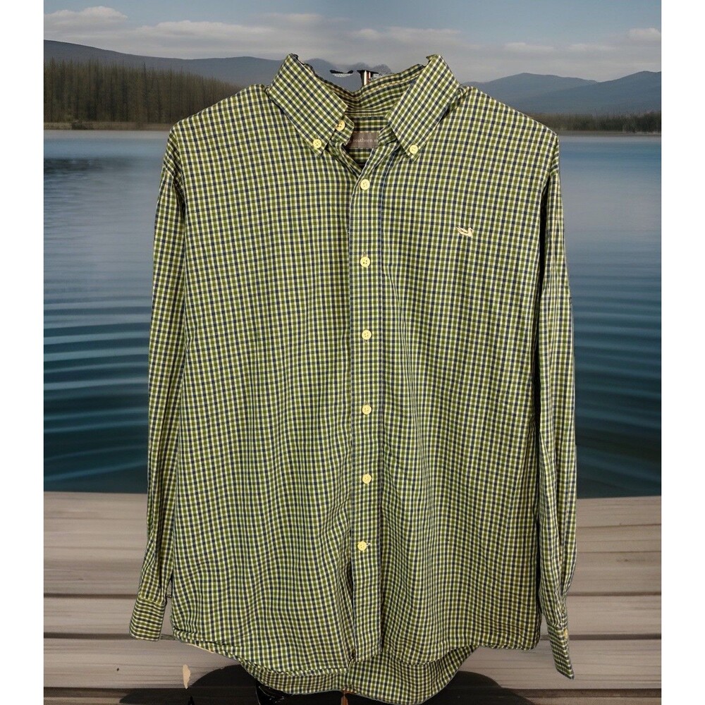 Southern Marsh Mens Cotton Green Blue Plaid Button Down Shirt Size Small